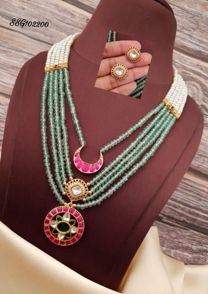 Jadau kundan and beads necklace with earrings ssg 102200