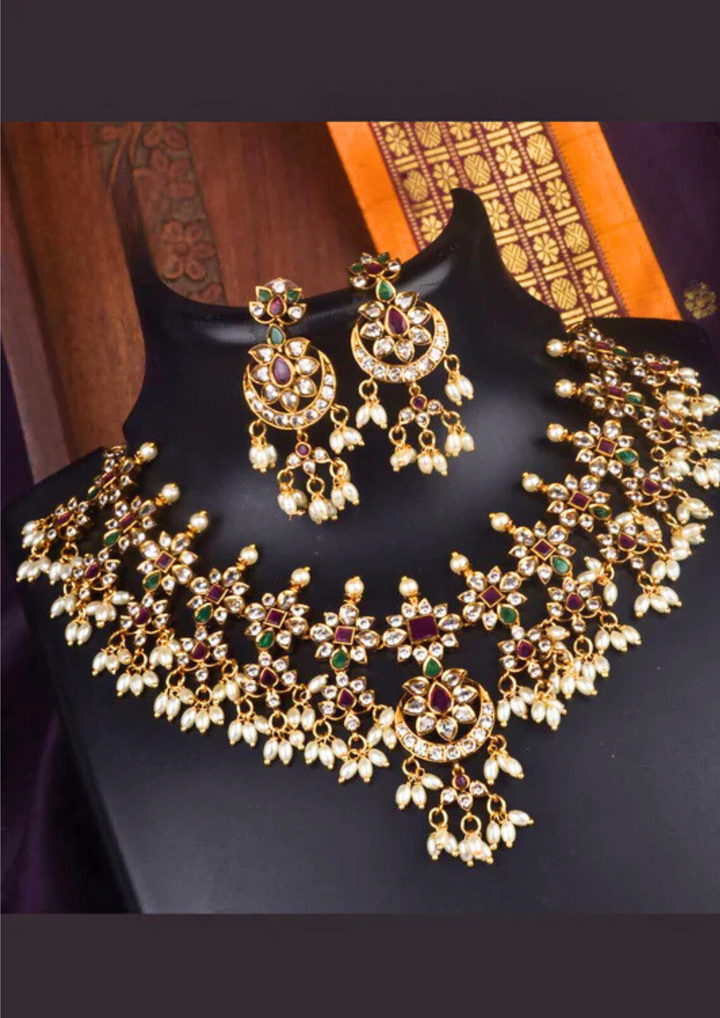 Kundan and beads matt finish necklace set with earrings LC 1013520