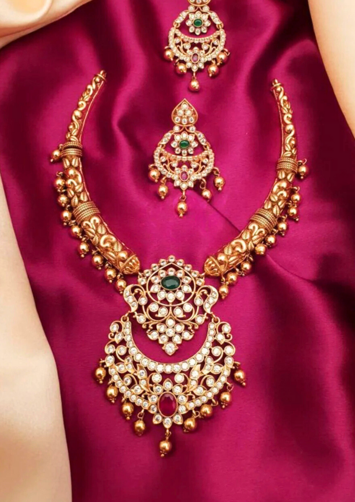 Kundan and beads antique finish necklace set with earrings SSG 101850