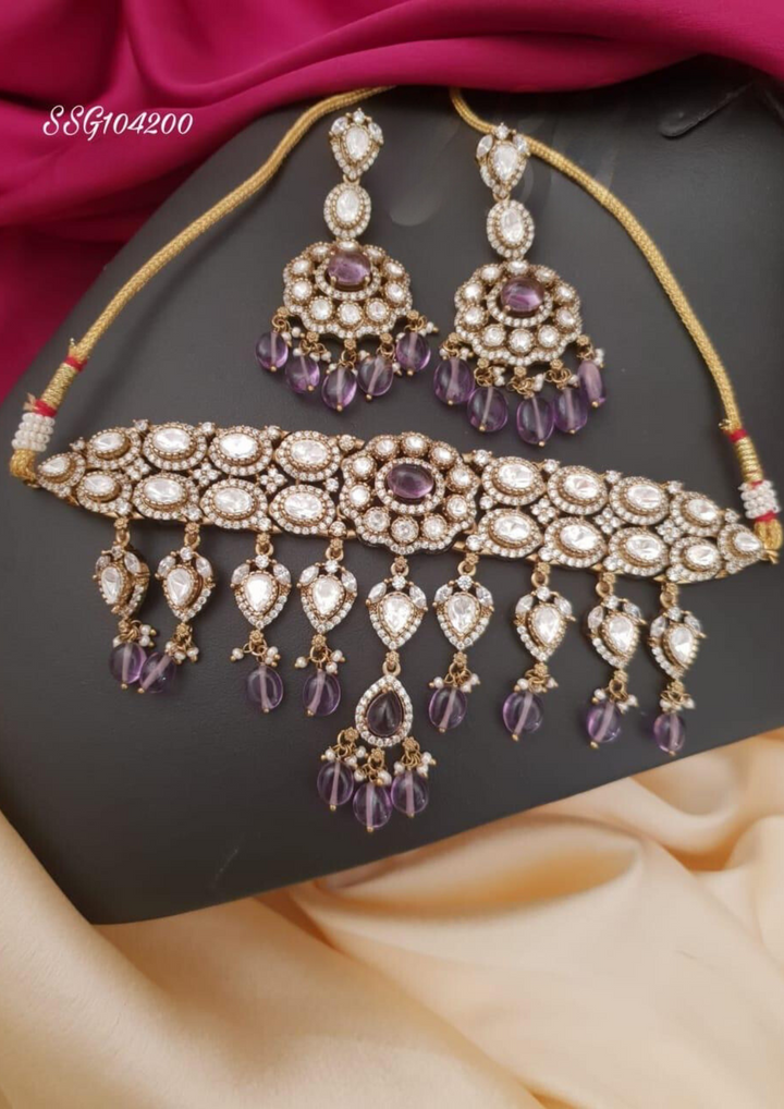 Kundan and beads necklace with earrings ssg 104200