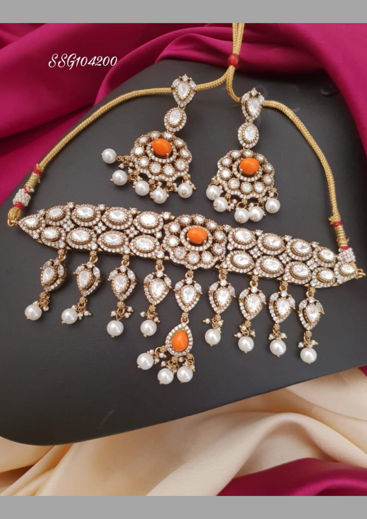 Kundan and beads necklace with earrings ssg 104200