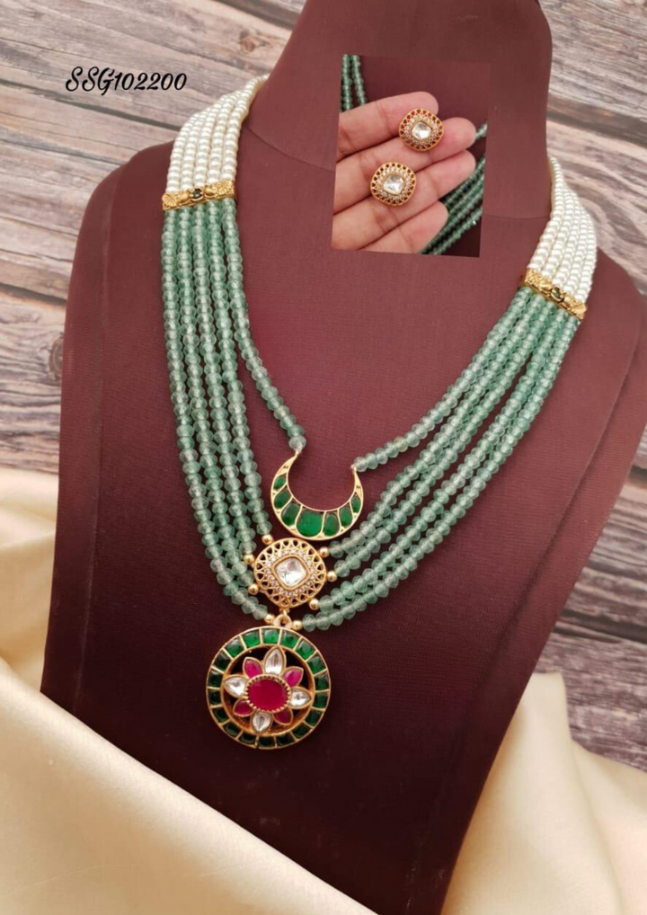 Jadau kundan and beads necklace with earrings ssg 102200