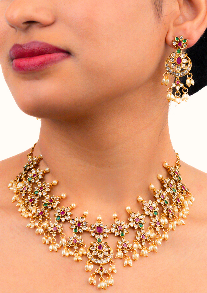 Kundan and beads matt finish necklace set with earrings LC 1013520