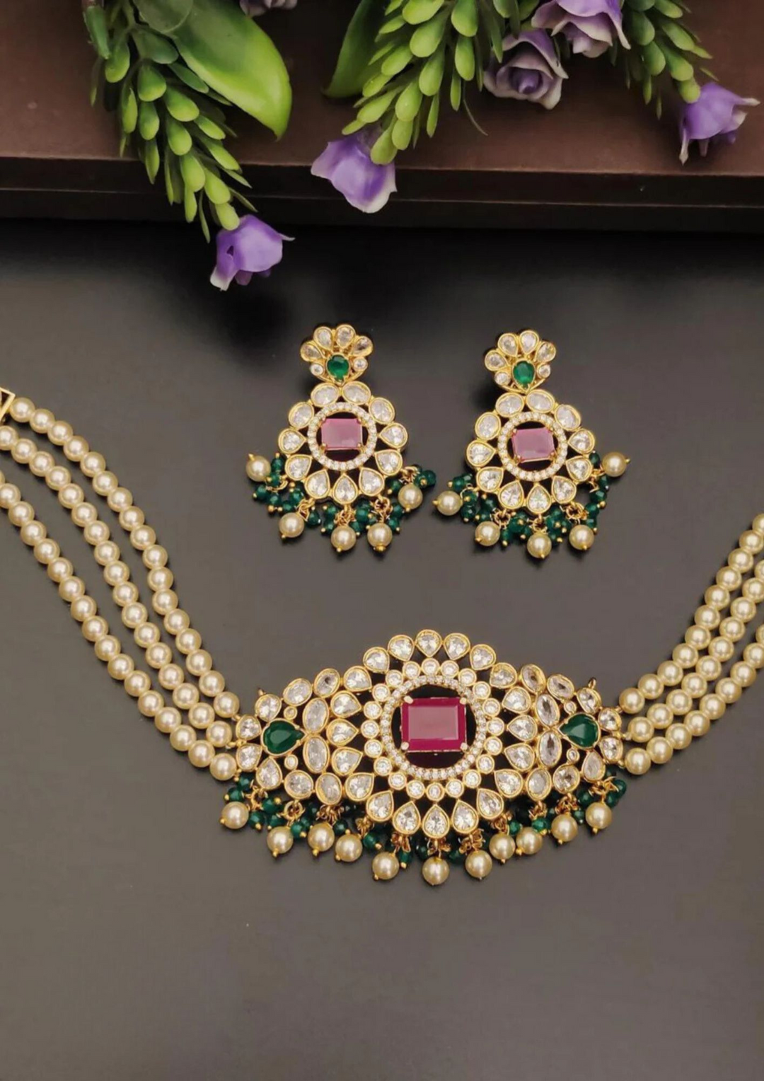 Kundan and beads necklace with earrings  pcs 220081