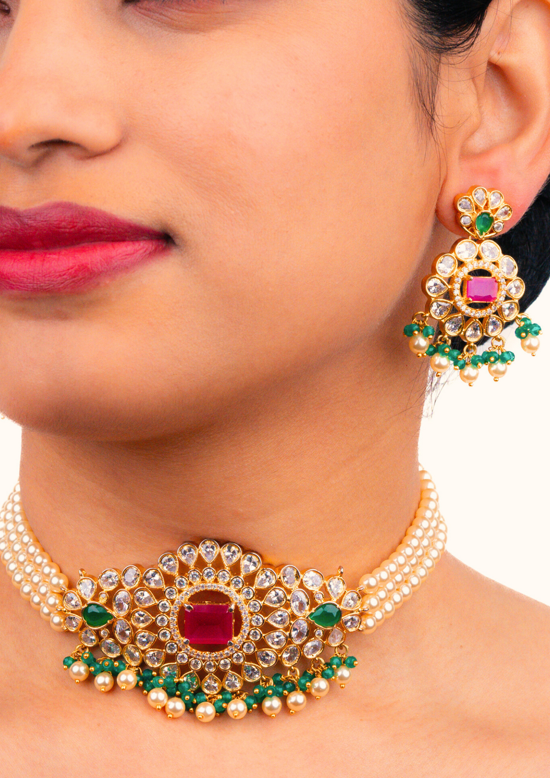 Kundan and beads necklace with earrings  pcs 220081