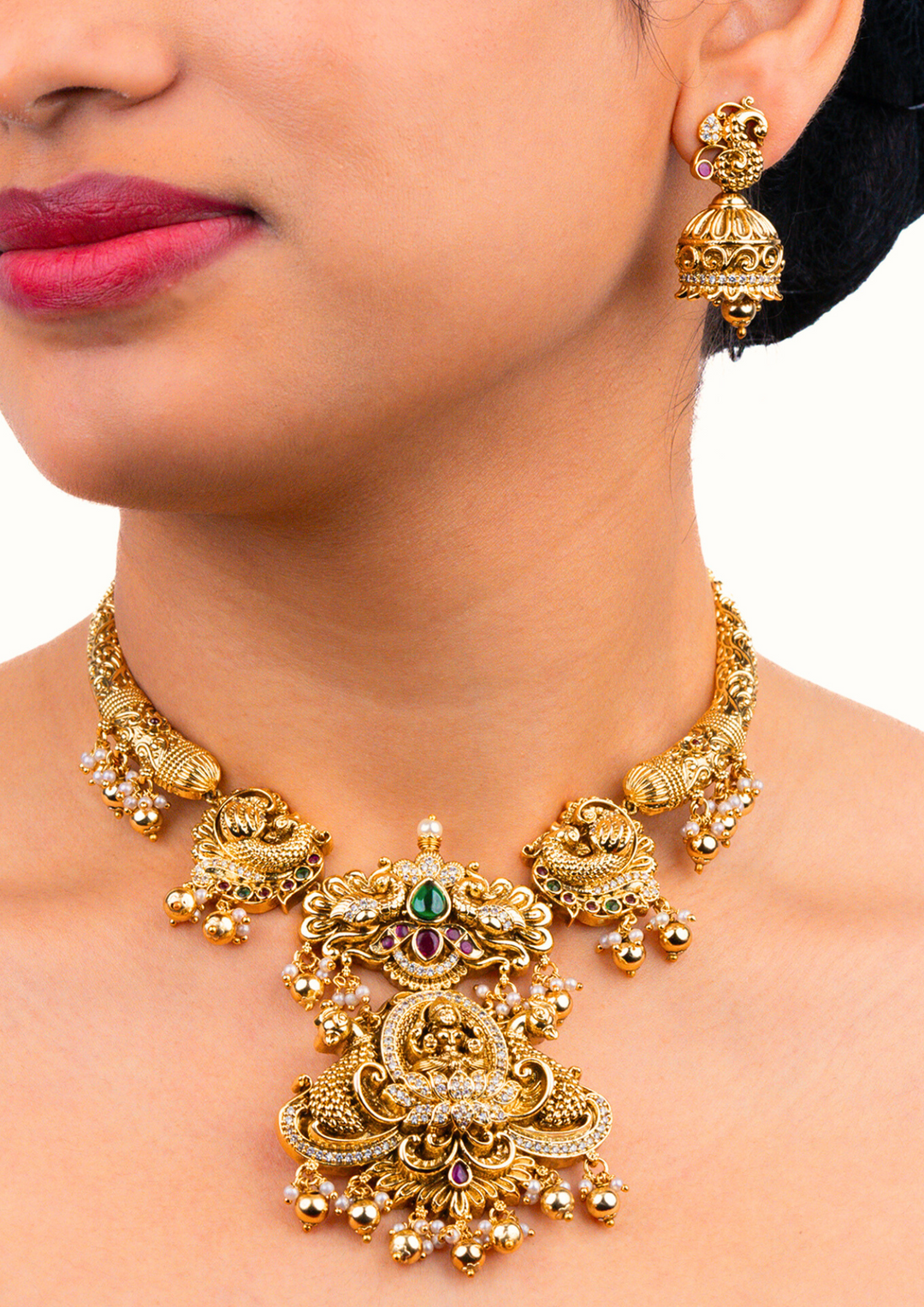 Kundan and beads temple jewellery nakshi necklace set with earrings SSG 101950