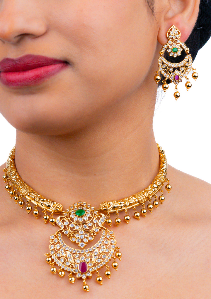 Kundan and beads antique finish necklace set with earrings SSG 101850