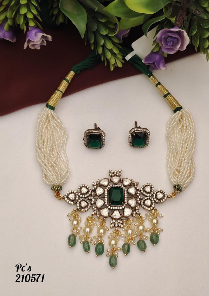 Kundan and beads necklace with earrings pcs 210571