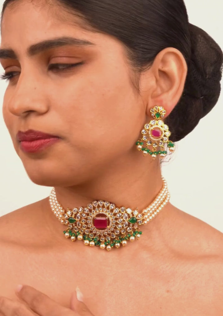 Kundan and beads necklace with earrings  pcs 220081